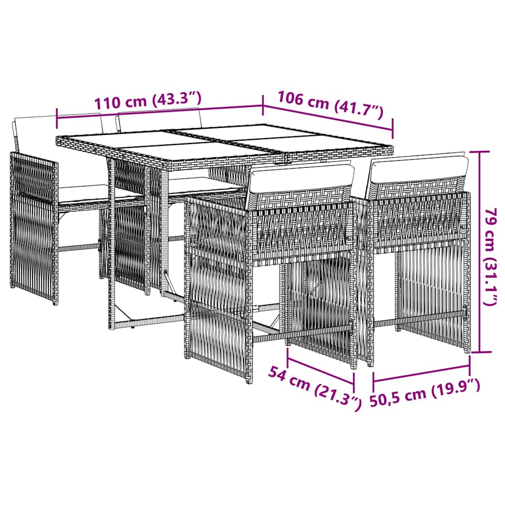 vidaXL 5-tlg. Garten-Essgruppe mit Kissen Grau Poly Rattan