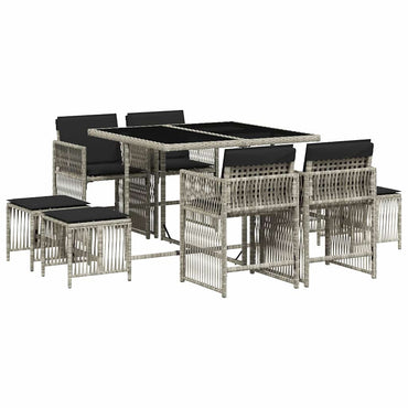 vidaXL 9-tlg. Garten-Essgruppe mit Kissen Hellgrau Poly Rattan
