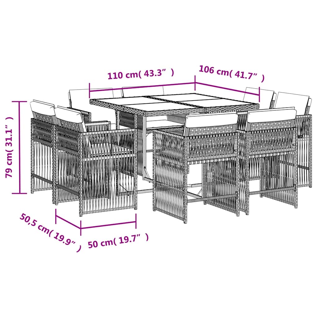 vidaXL 9-tlg. Garten-Essgruppe mit Kissen Beige Poly Rattan