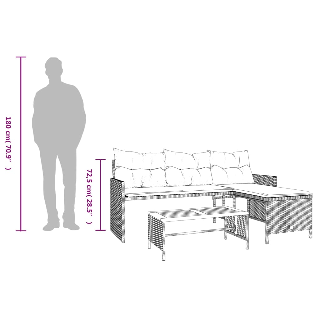 vidaXL Gartensofa in L-Form mit Tisch und Kissen Schwarz Poly Rattan