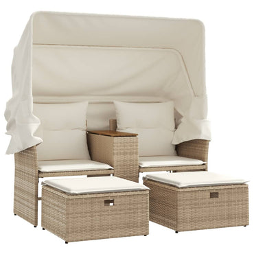 vidaXL Canapé de jardin 2 places avec toit et poufs en résine tressée beige