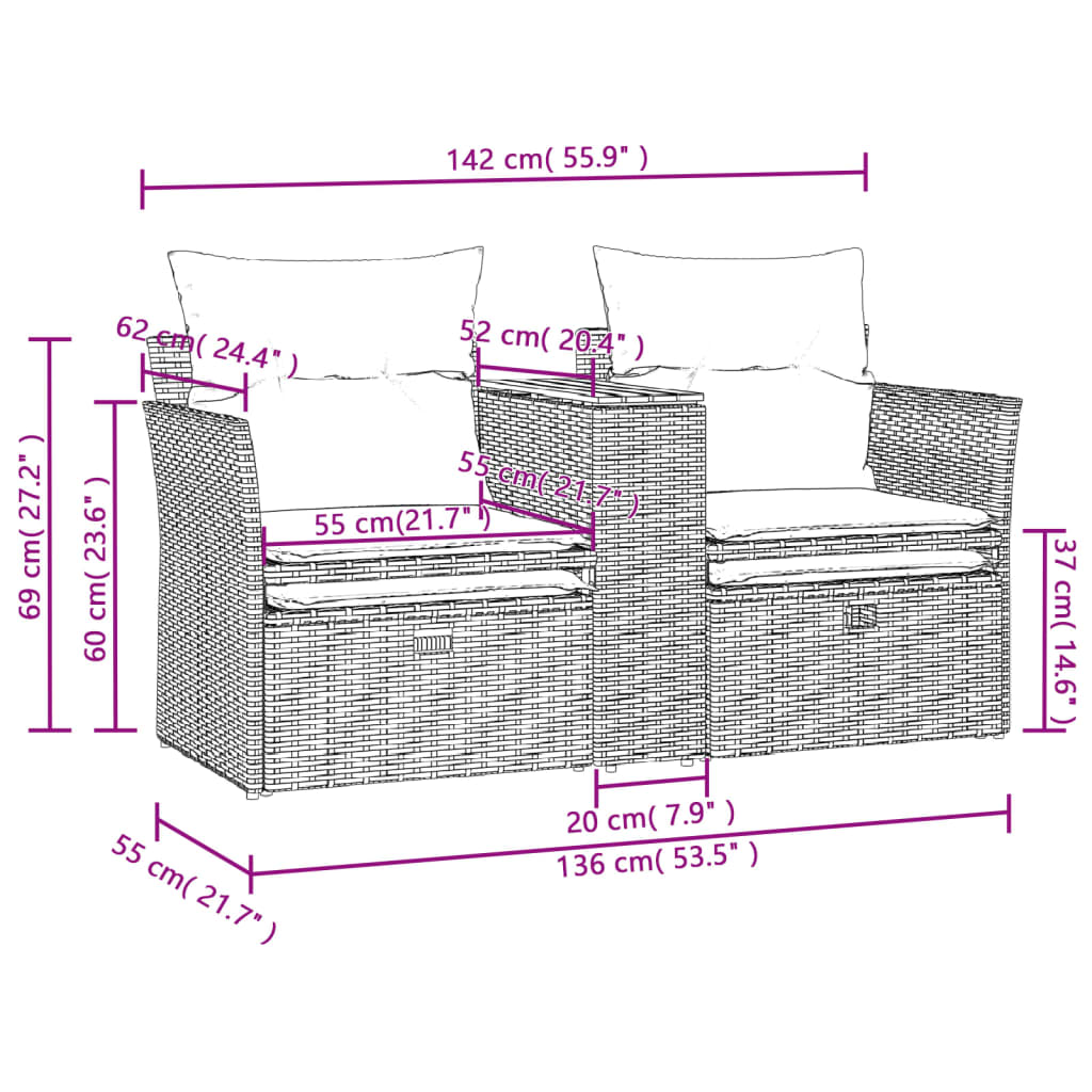 vidaXL Canapé de jardin 2 places avec repose-pieds Gris Résine tressée