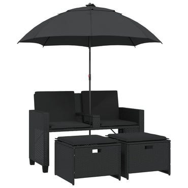 vidaXL Canapé de jardin 2 places, parasol et pouf noir en résine tressée