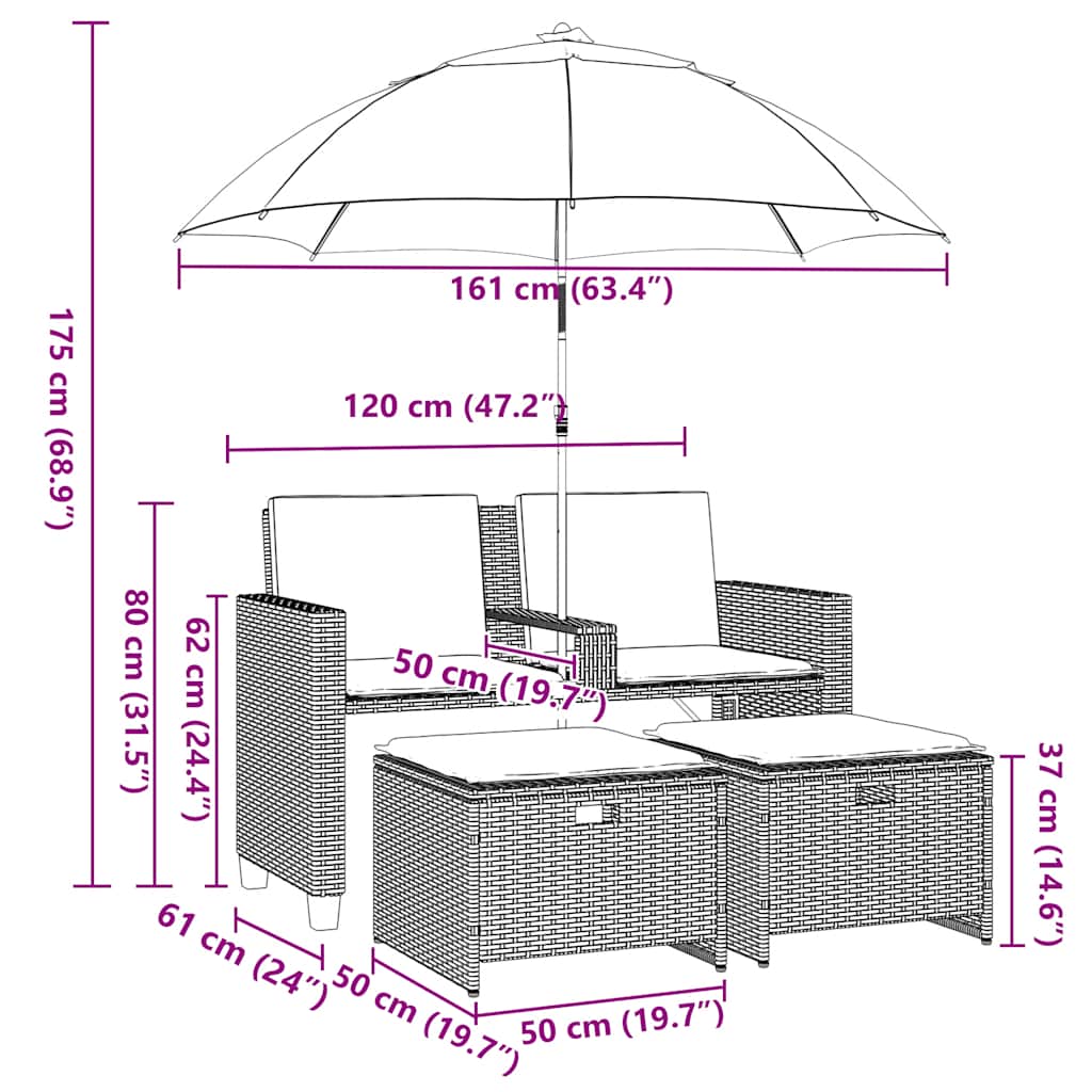 vidaXL Gartensofa 2-Sitzer Sonnenschirm und Hocker Hellgrau Polyrattan