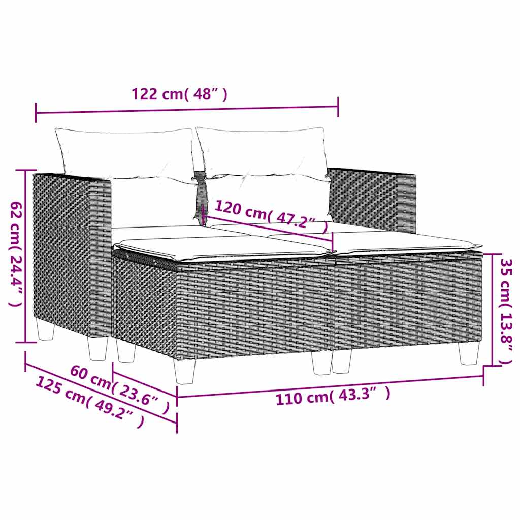 vidaXL Canapé de jardin 2 places avec repose-pieds Résine tressée Noir