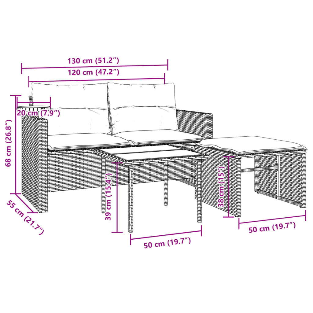 vidaXL Salon de jardin 3 pcs avec coussins Beige Résine tressée