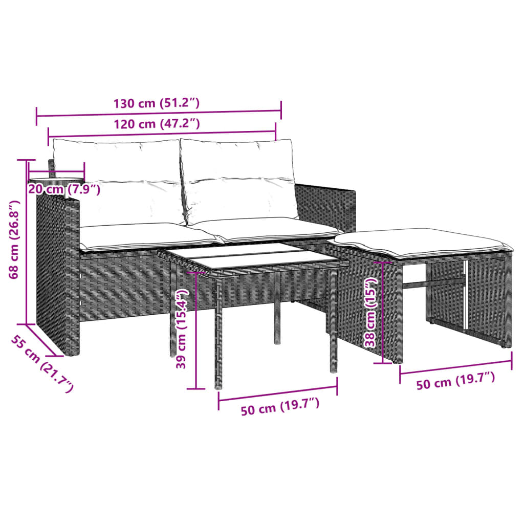 vidaXL 3-tlg. Garten-Sofagarnitur mit Kissen Hellgrau Poly Rattan