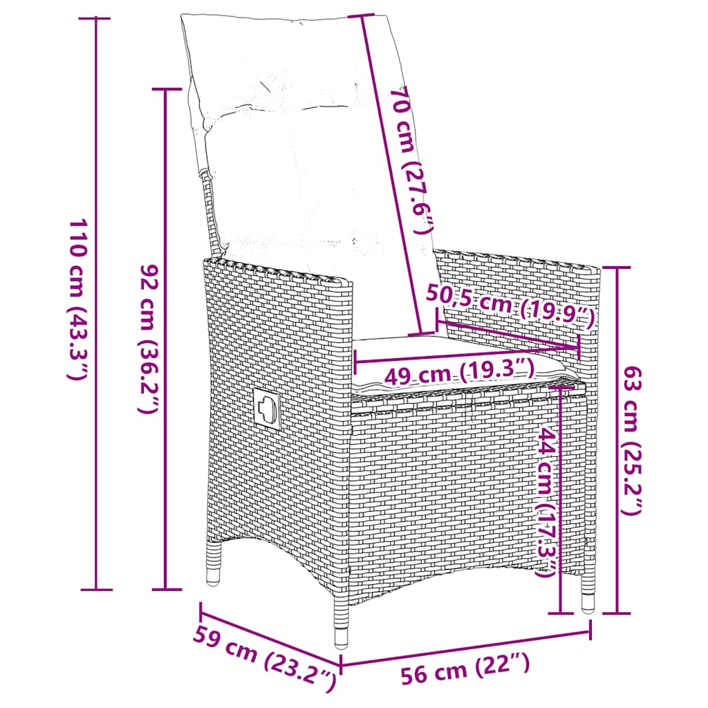 vidaXL Gartensessel Verstellbar mit Kissen Grau Poly Rattan