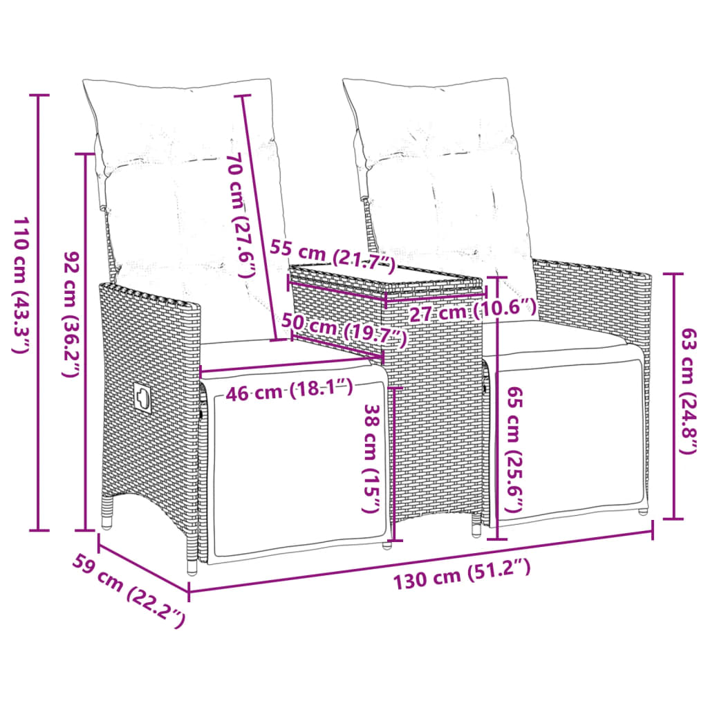vidaXL Canapé de jardin 2 places réglable avec table Gris résine tressée
