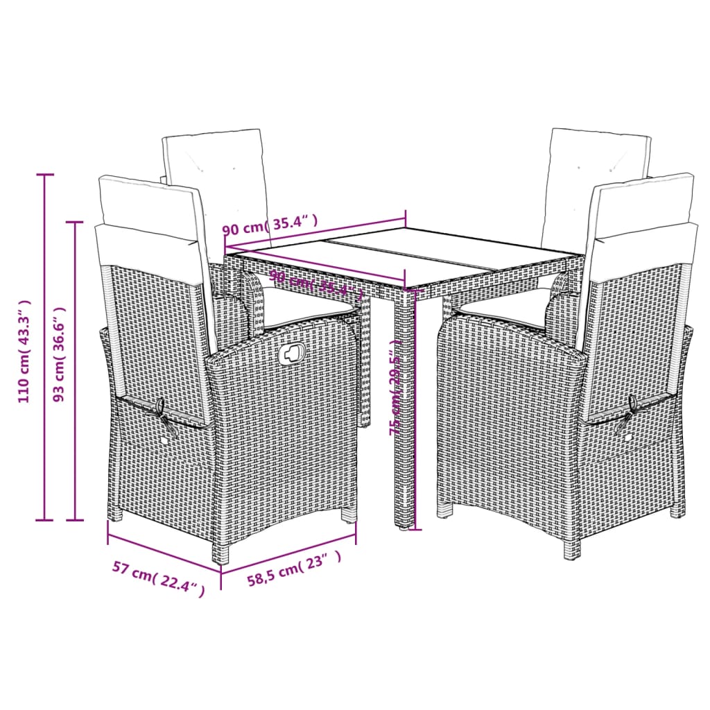 vidaXL 5-tlg. Garten-Essgruppe mit Kissen Schwarz Poly Rattan
