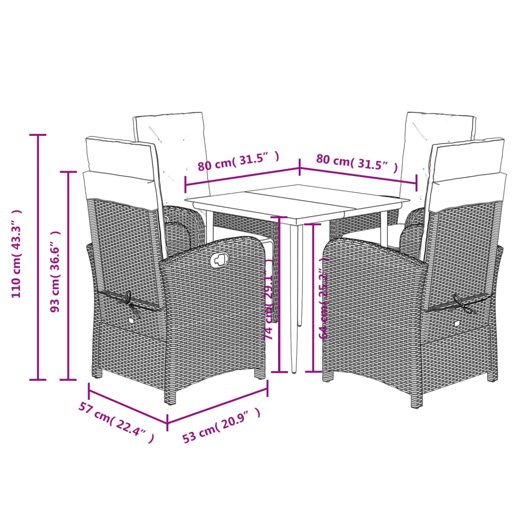 vidaXL Ensemble repas de jardin 5 pcs avec coussins résine tressée marron