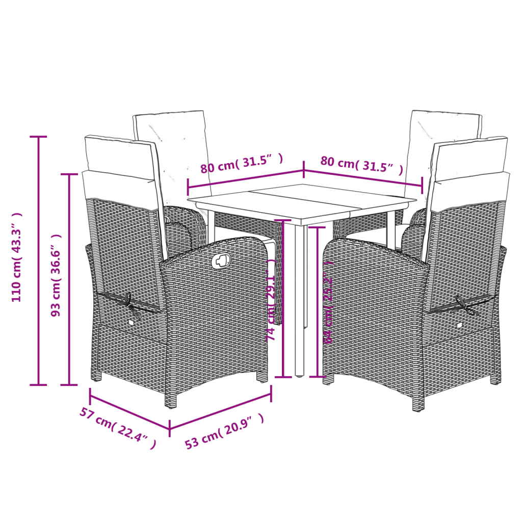 vidaXL Ensemble repas de jardin 5 pcs avec coussins résine tressée marron