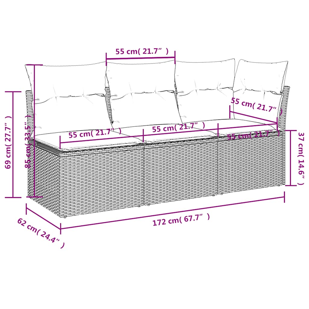 vidaXL Gartensofa mit Kissen 3-Sitzer Schwarz Poly Rattan