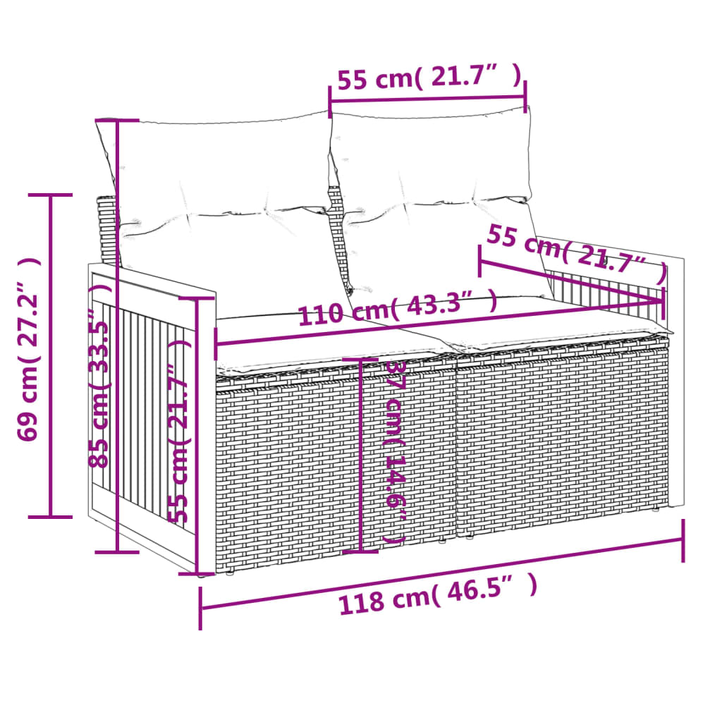 vidaXL Gartensofa mit Kissen 2-Sitzer Schwarz Poly Rattan