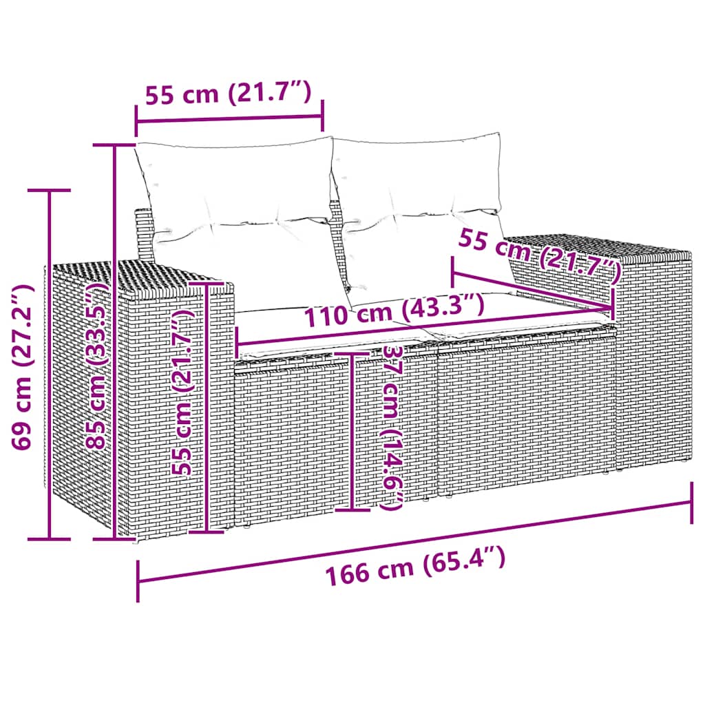 Gartensofa 2-Sitzer mit Kissen Grau Poly Rattan