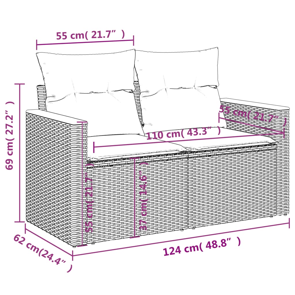vidaXL Gartensofa mit Kissen 2-Sitzer Grau Poly Rattan