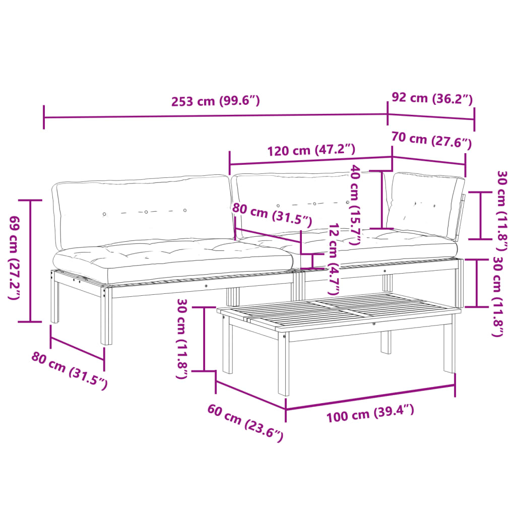 vidaXL Salon de jardin 3 pcs en palettes avec coussins Bois d'acacia
