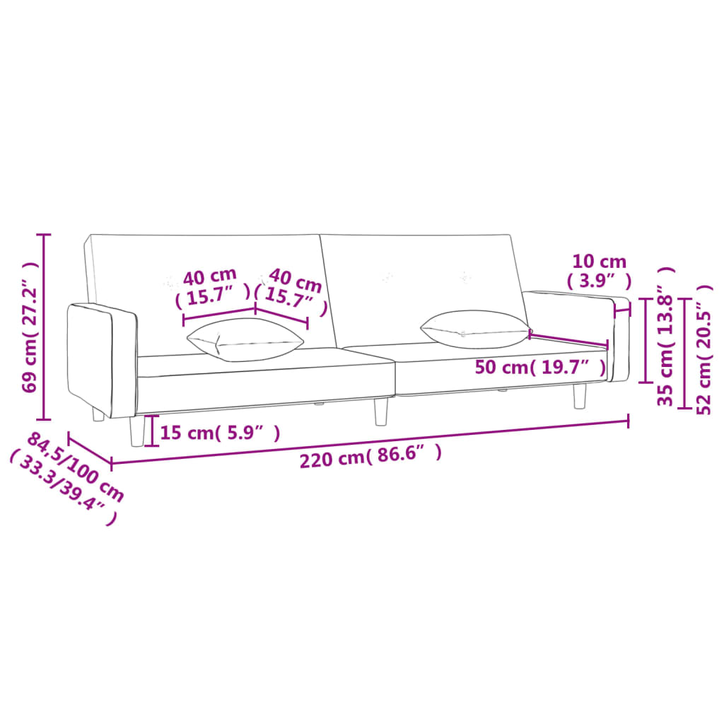 vidaXL Schlafsofa 2-Sitzer mit 2 Kissen Creme Stoff