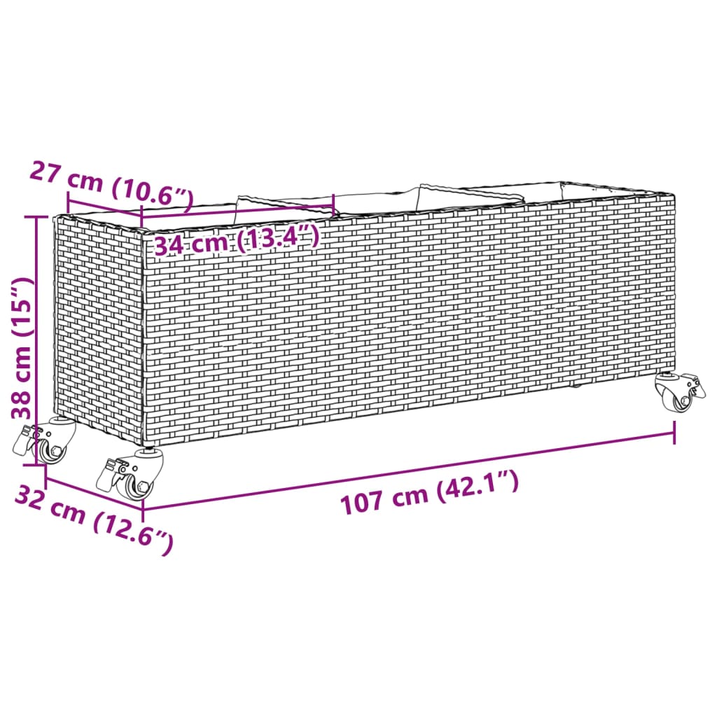 Pflanzkübel mit Rollen 3 Töpfe Braun 107x32x38 cm Poly-Rattan