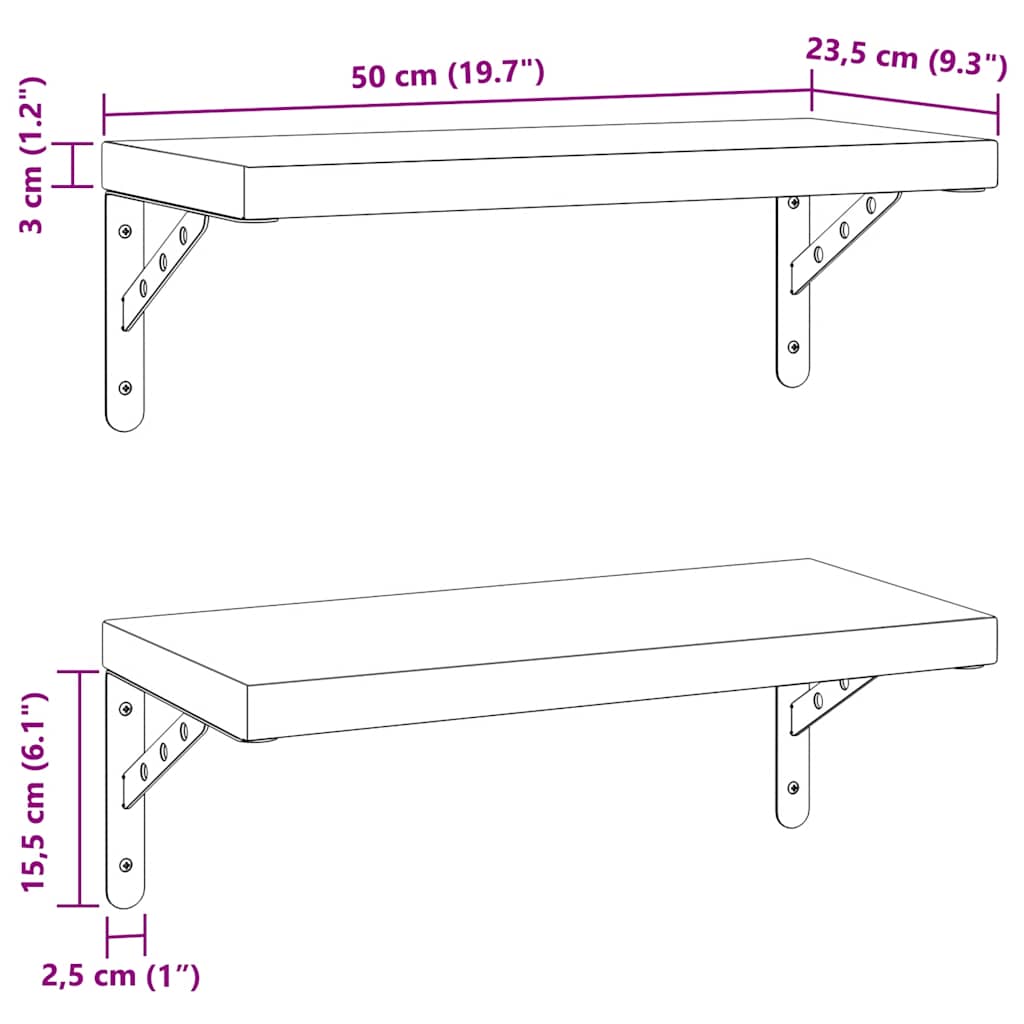 vidaXL Étagères murales 2 pcs 50x23,5 cm Noir Acier inoxydable