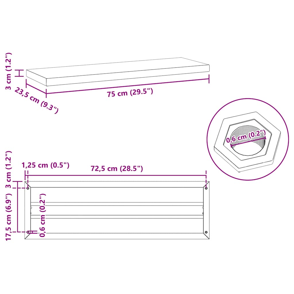 vidaXL Wandregale 2 Stk. 75x23,5x3 cm Schwarz Edelstahl