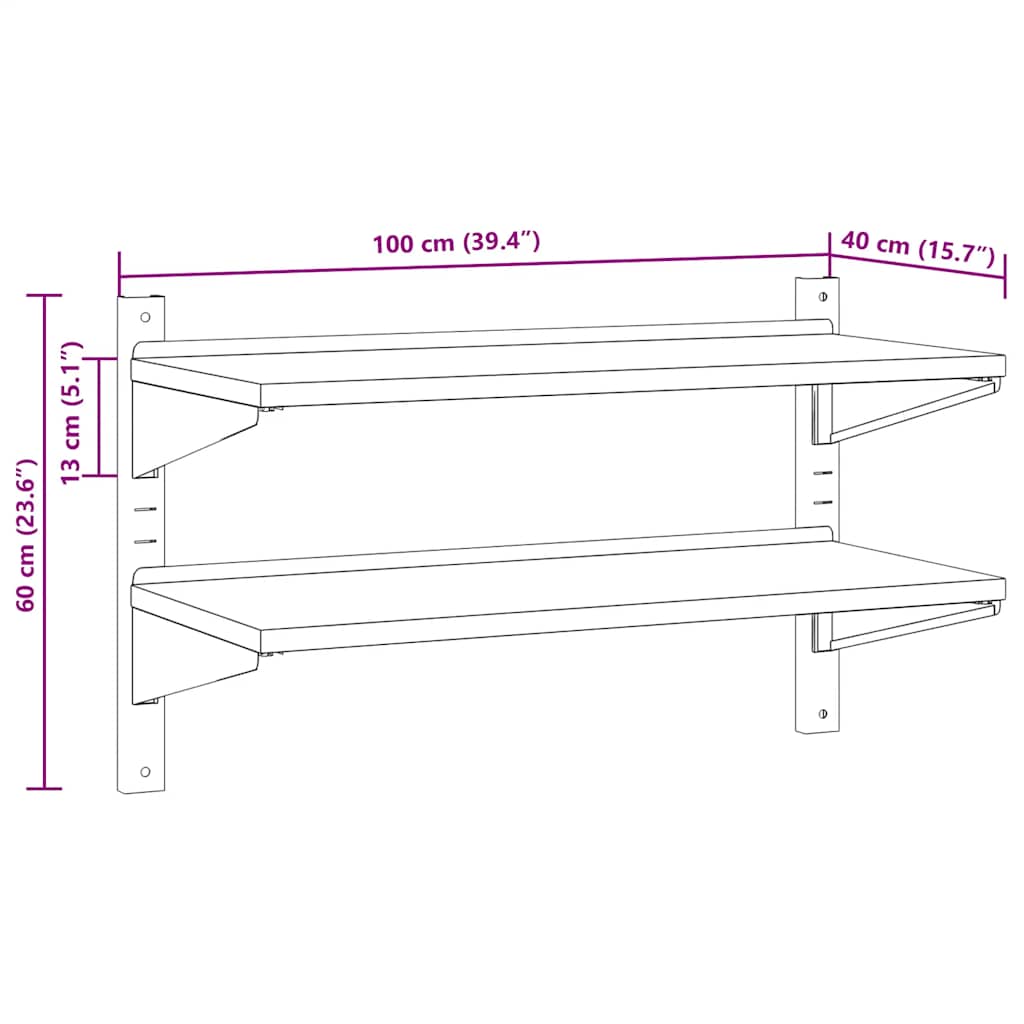 vidaXL Étagère murale à 2 niveaux 100x40x60 cm Argent Acier inoxydable