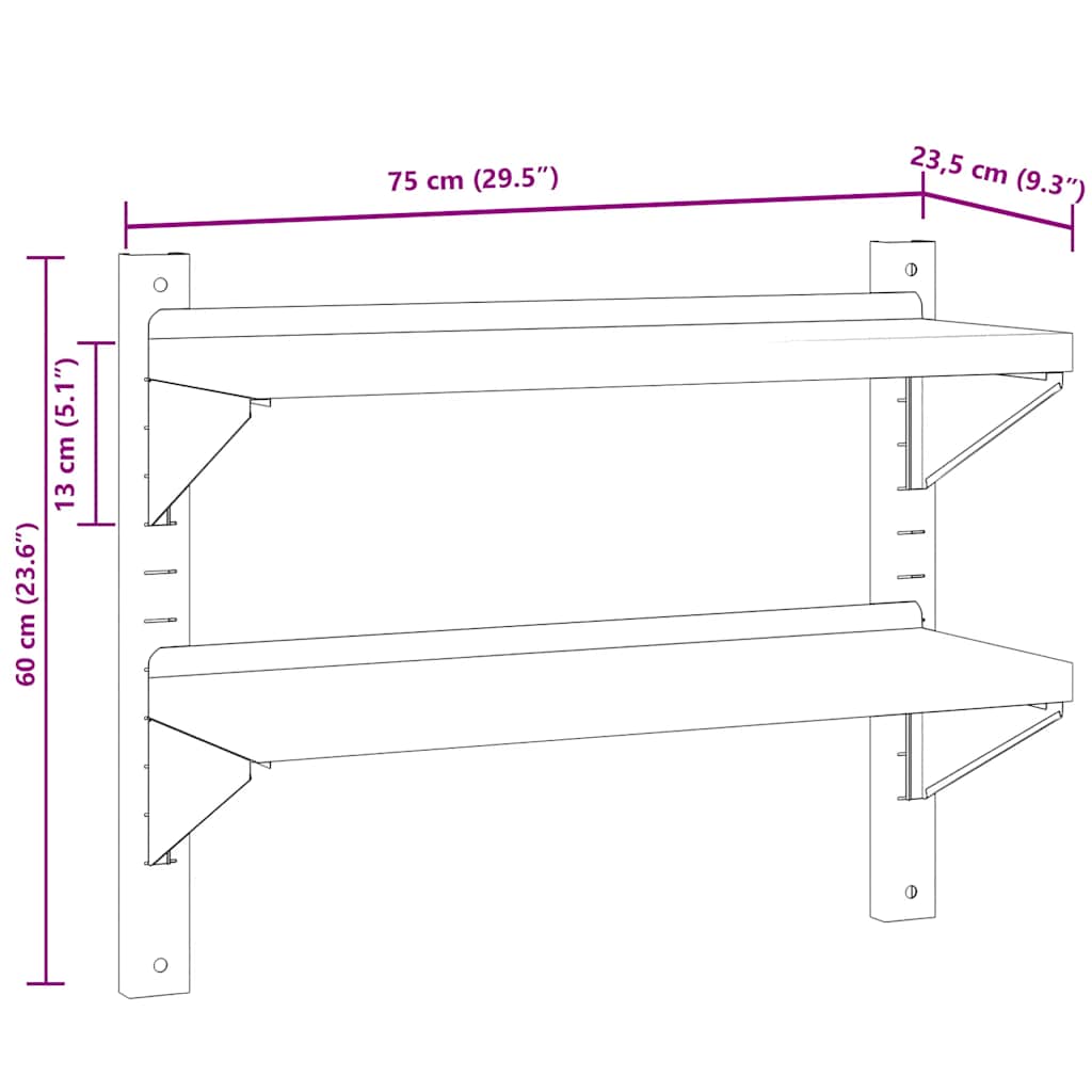 vidaXL Étagère murale à 2 niveaux 75x23,5x60 cm Argent Acier inoxydable