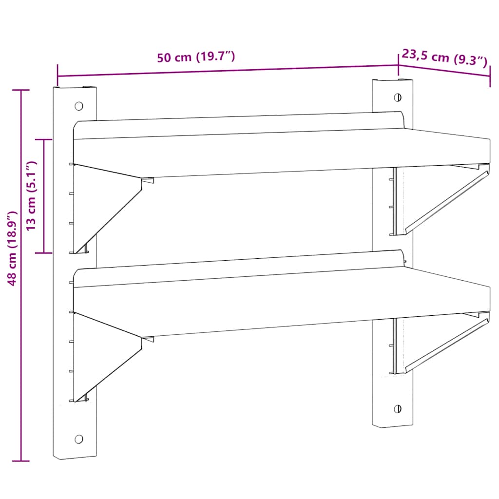 vidaXL Étagère murale à 2 niveaux 50x23,5x48 cm Argent Acier inoxydable