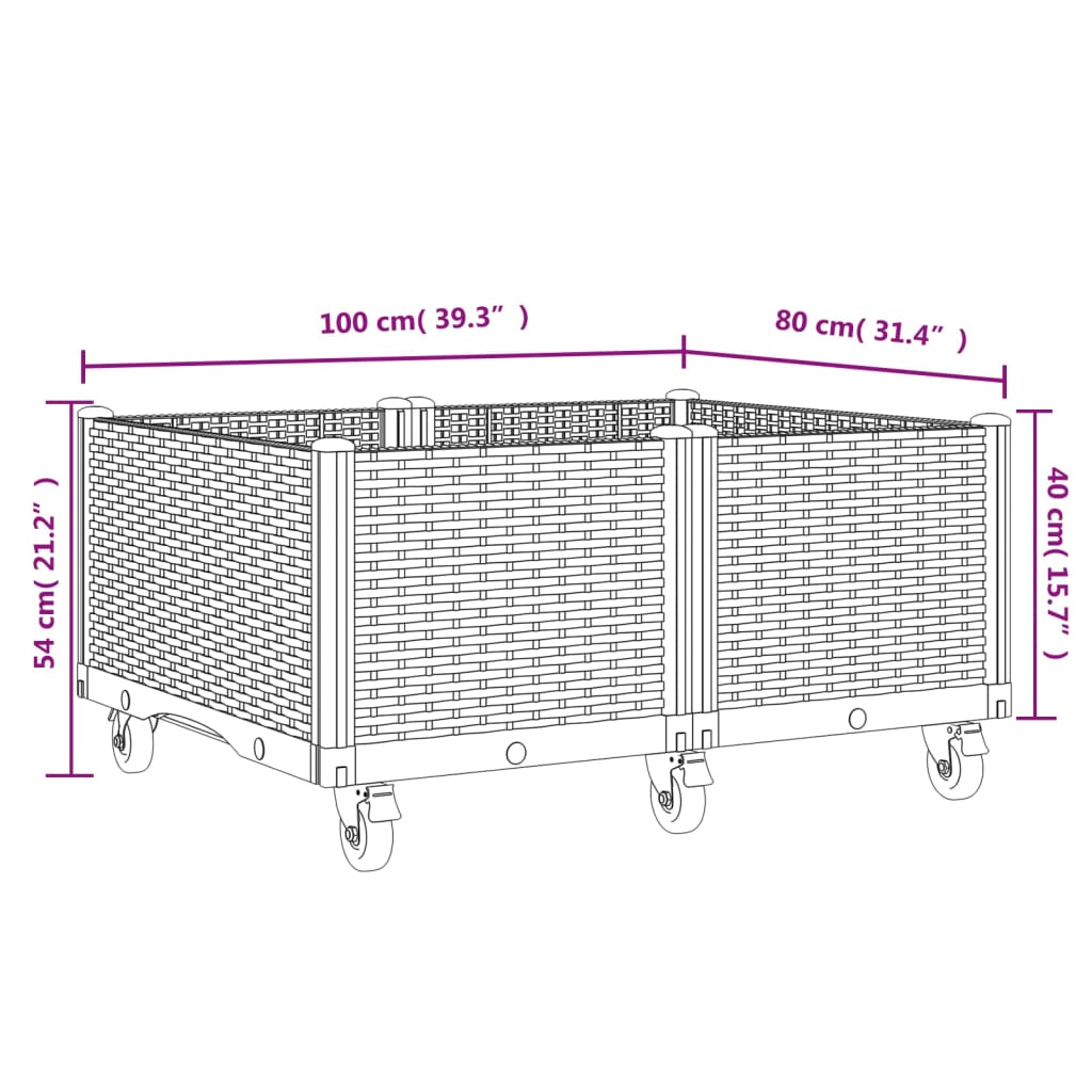 vidaXL Pflanzkasten mit Rollen Braun 100x80x54 cm PP