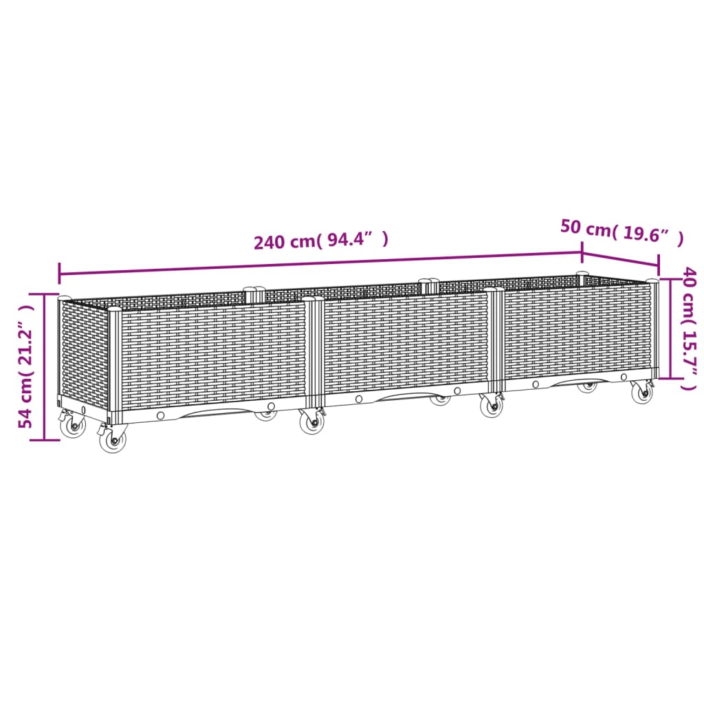 vidaXL Pflanzkasten mit Rollen Braun 240x50x54 cm PP