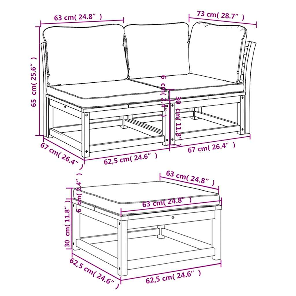 vidaXL 3-tlg. Garten-Lounge-Set mit Kissen Massivholz Akazie