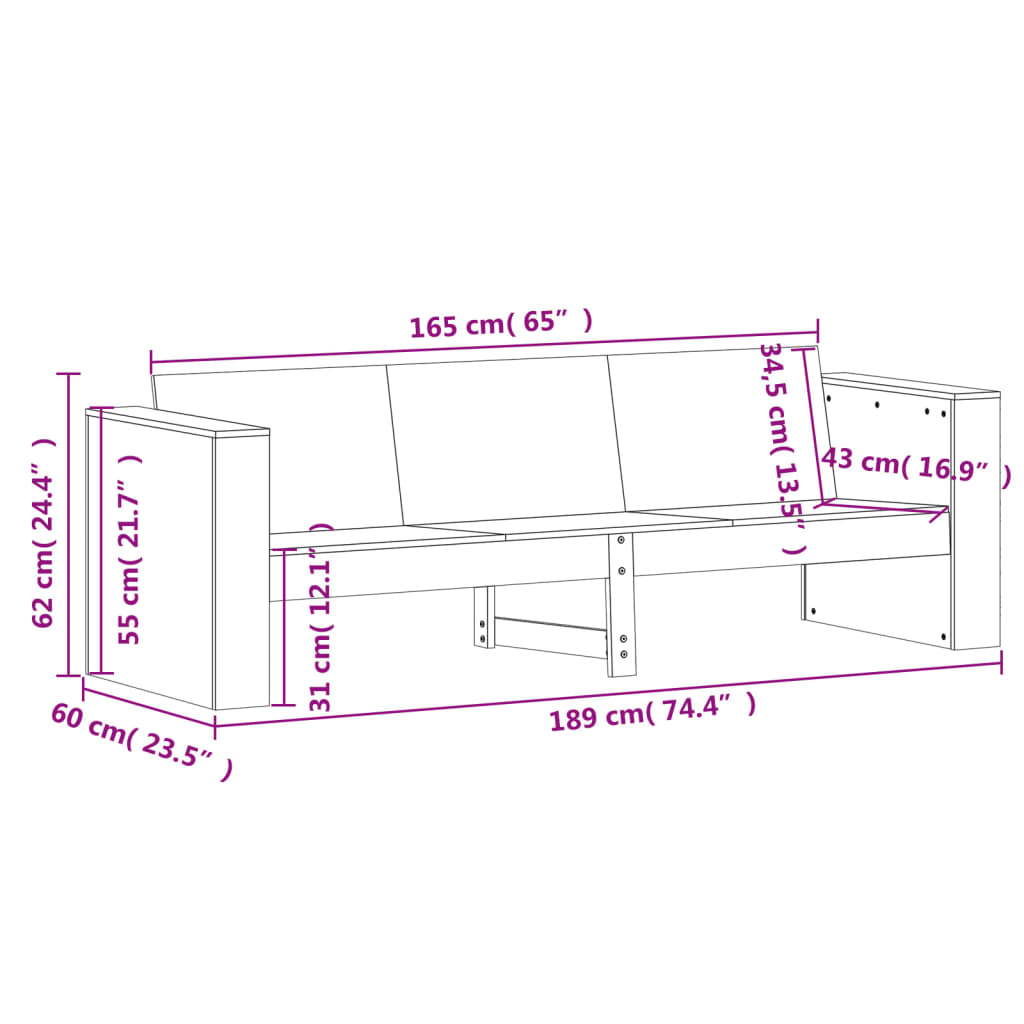 vidaXL Gartensofa 3-Sitzer Wachsbraun 189x60x62 cm Massivholz Kiefer