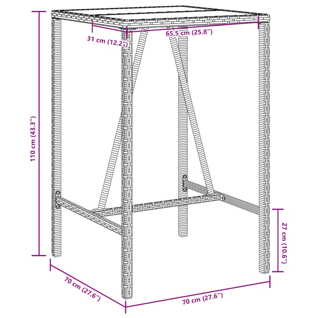 vidaXL Table de bar de jardin gris 70x70x110 cm résine tressée