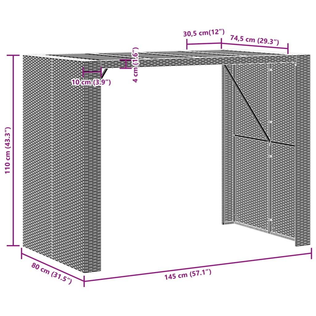 vidaXL Garten-Bartisch mit Holzplatte Grau 145x80x110 cm Polyrattan