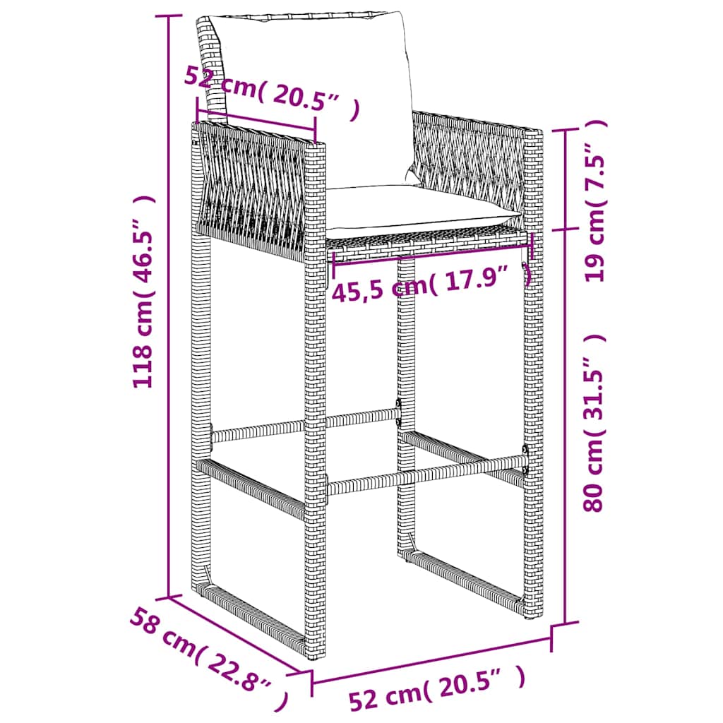 vidaXL Tabourets de bar de jardin avec coussins 2 pcs Noir Résine tressée
