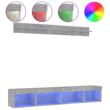 vidaXL 5-tlg. Wohnwand mit LED-Beleuchtung Betongrau Holzwerkstoff