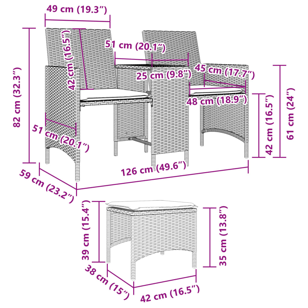 vidaXL Canapé de jardin 2 places avec table et tabourets en résine tressée beige
