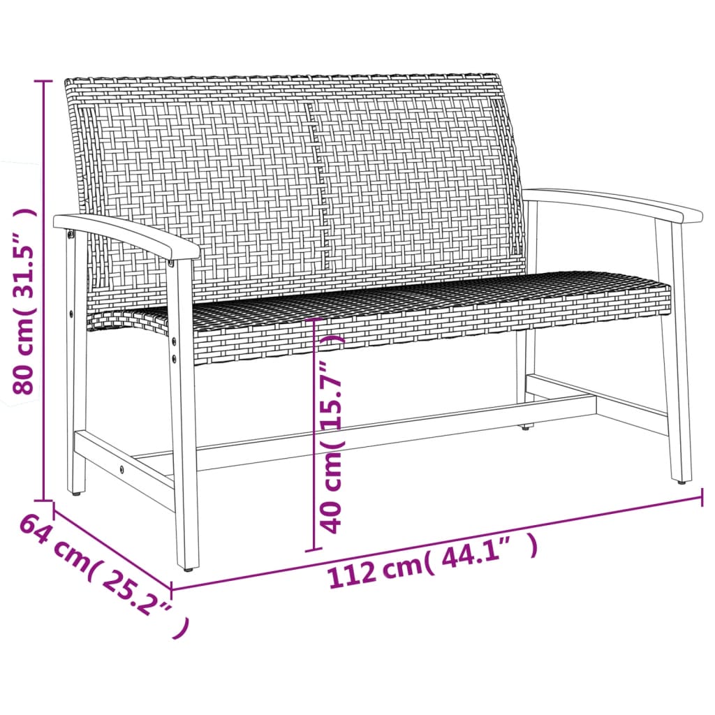 vidaXL Banc de jardin noir 112 cm en résine tressée et bois d'acacia