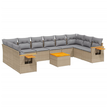 vidaXL 11-tlg. Garten-Sofagarnitur mit Kissen Beige Poly Rattan