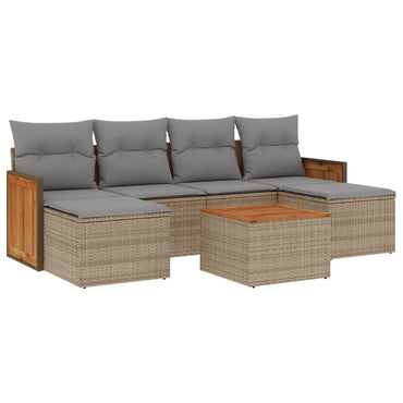 vidaXL 7-tlg. Garten-Sofagarnitur mit Kissen Beige Poly Rattan