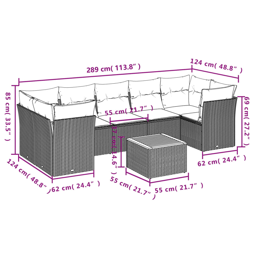 vidaXL 8-tlg. Garten-Sofagarnitur mit Kissen Beige Poly Rattan