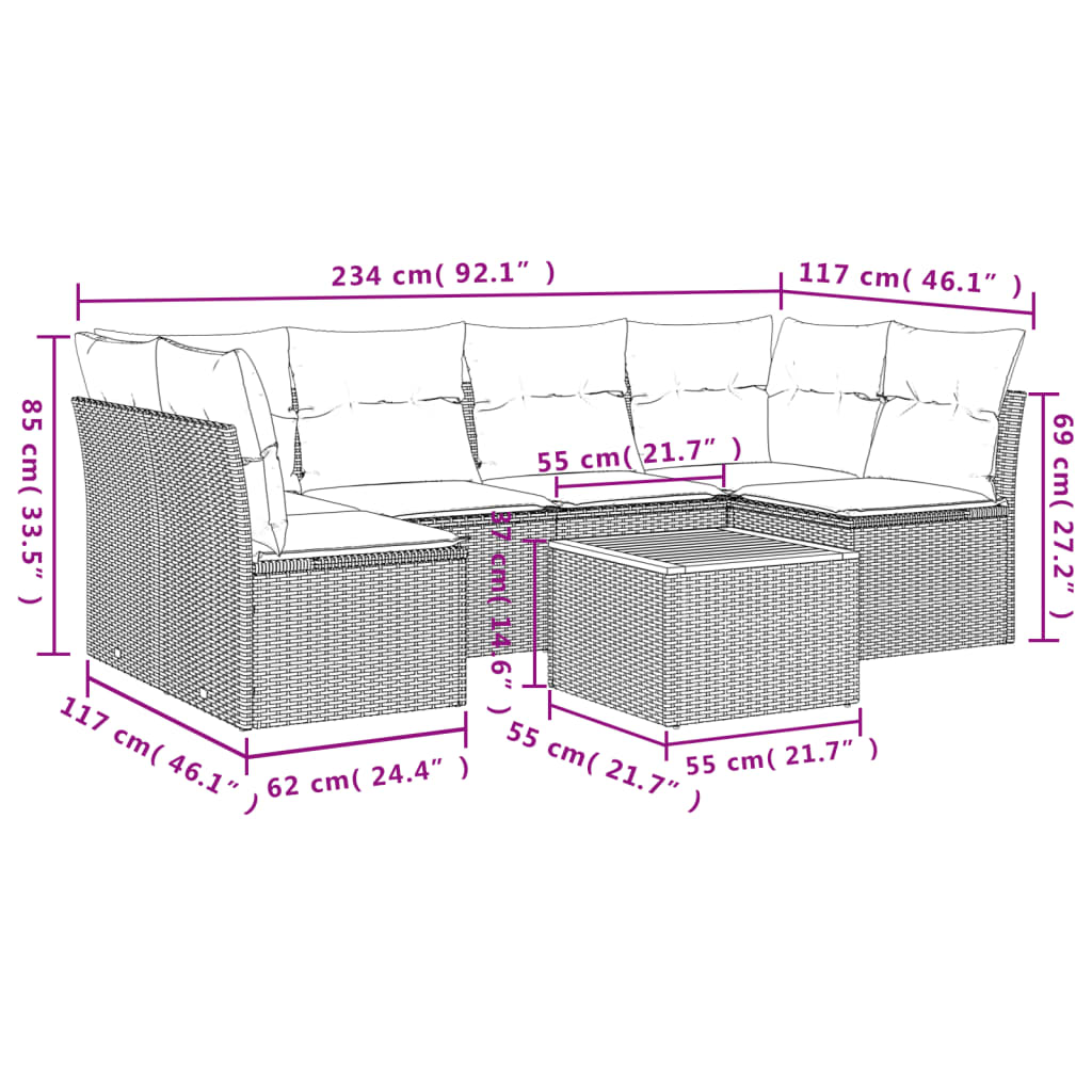 vidaXL 7-tlg. Garten-Sofagarnitur mit Kissen Grau Poly Rattan