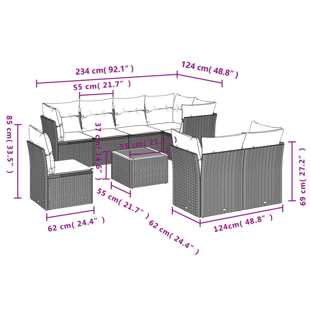 vidaXL 9-tlg. Garten-Sofagarnitur mit Kissen Schwarz Poly Rattan