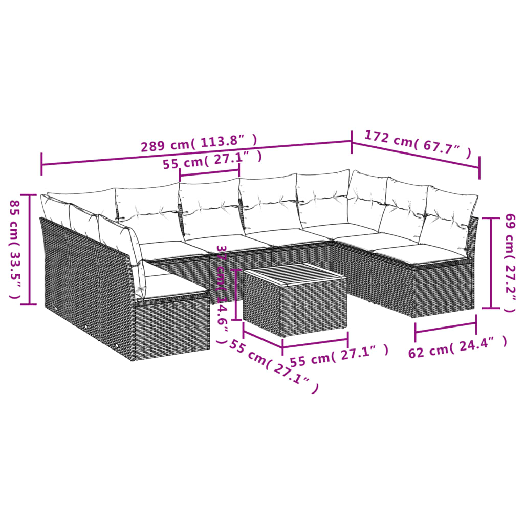 vidaXL 10-tlg. Garten-Sofagarnitur mit Kissen Schwarz Poly Rattan