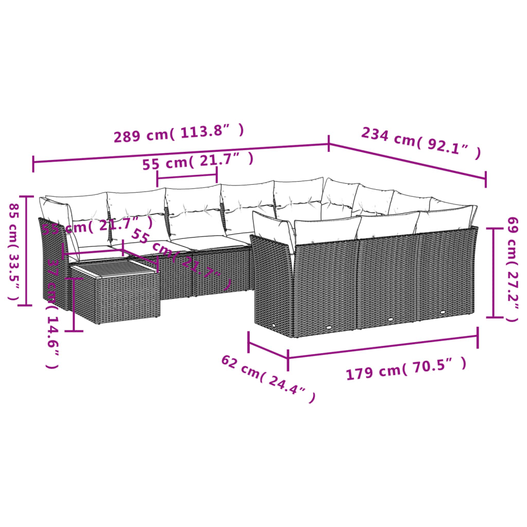 vidaXL 11-tlg. Garten-Sofagarnitur mit Kissen Beige Poly Rattan
