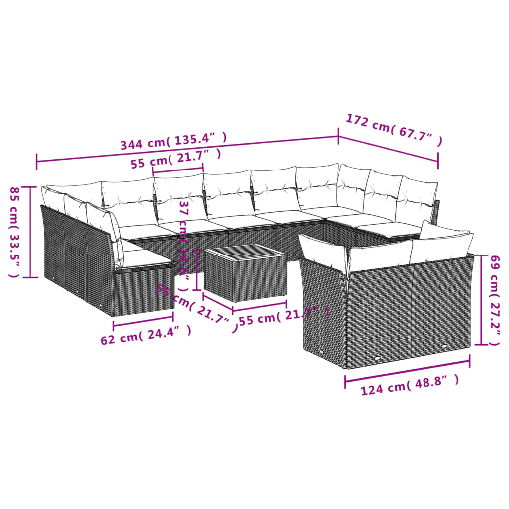 vidaXL 13-tlg. Garten-Sofagarnitur mit Kissen Beige Poly Rattan