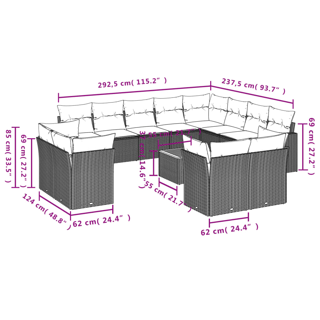 vidaXL Ensemble de canapés de jardin 13 pièces avec coussins résine tressée noire