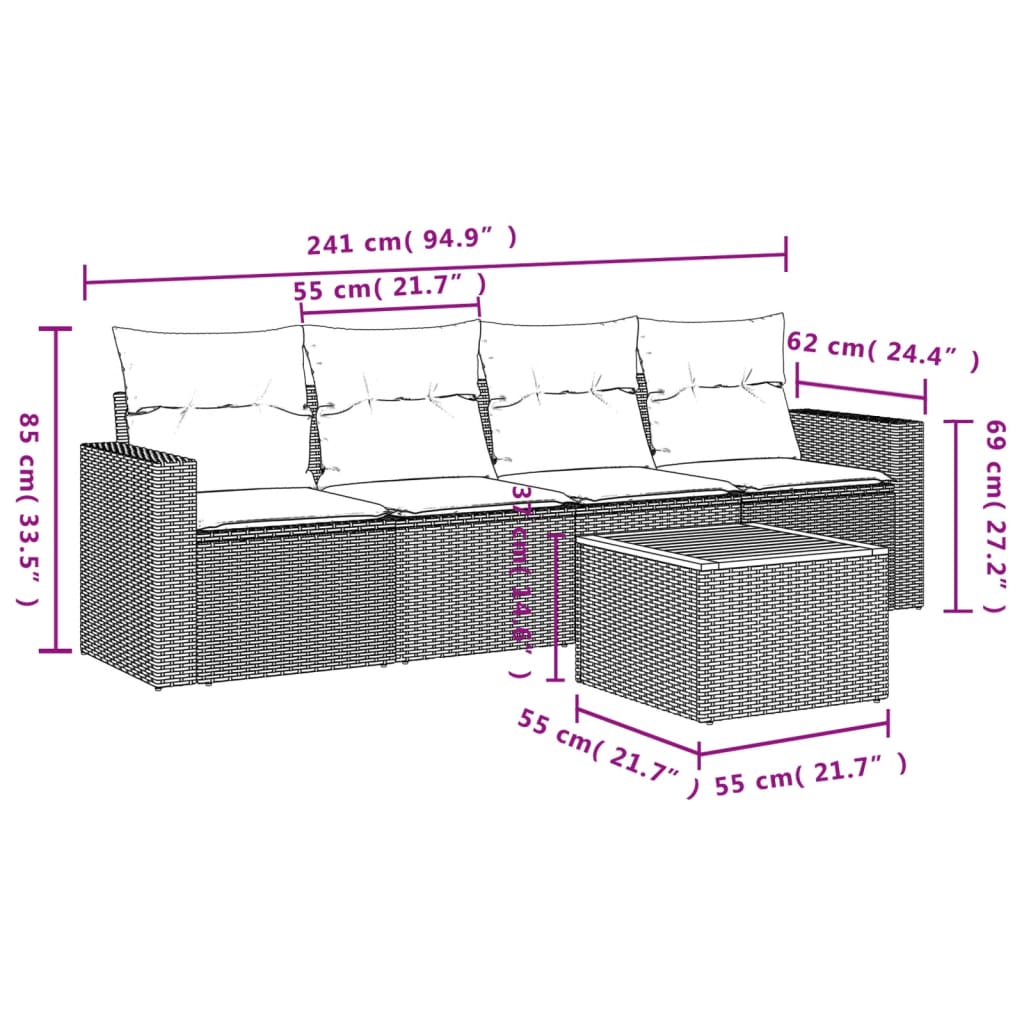 vidaXL 5-tlg. Garten-Sofagarnitur mit Kissen Beige Poly Rattan