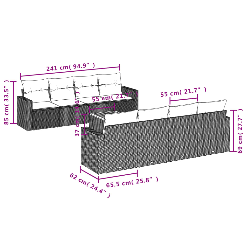 vidaXL Salon de jardin 9 pcs avec coussins Noir Résine tressée