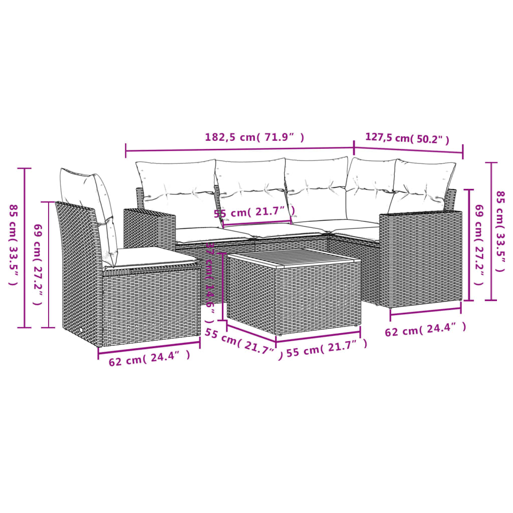 vidaXL 6-tlg. Garten-Sofagarnitur mit Kissen Beige Poly Rattan
